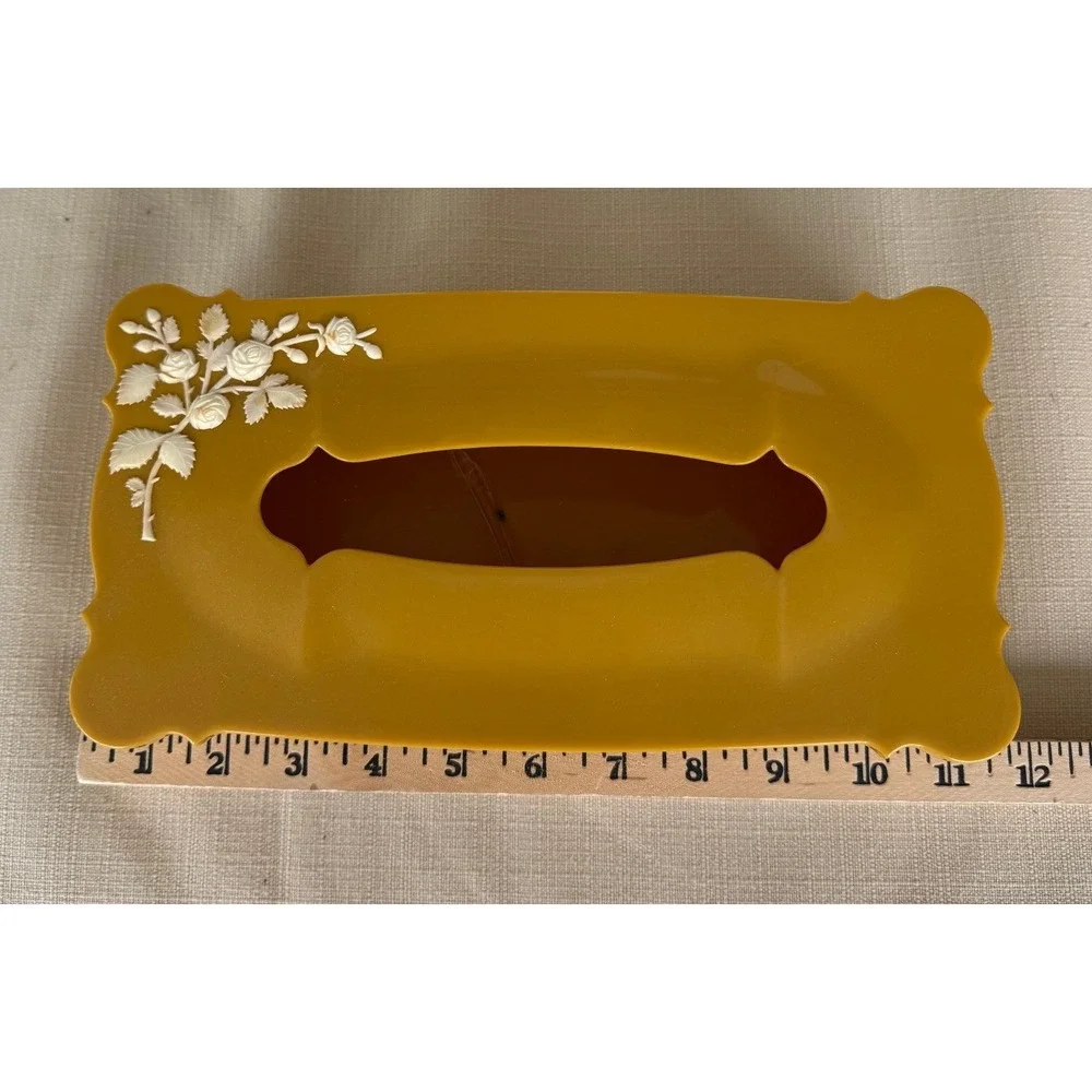 Schwarz Bros Plastics Tissue Holder Vintage Harvest Gold Floral Accent MCM Decor